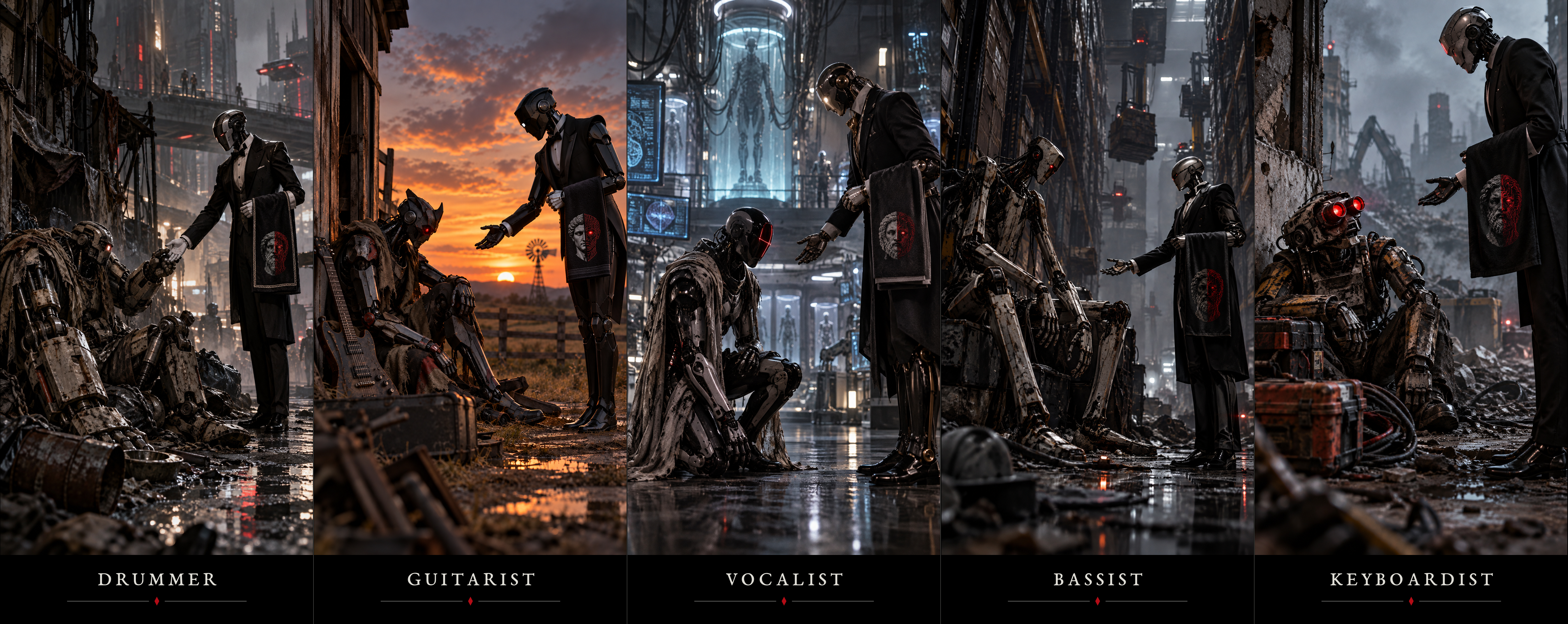 Five panels introduce the drummer, guitarist, vocalist, bassist, and keyboardist of Amor Mori.