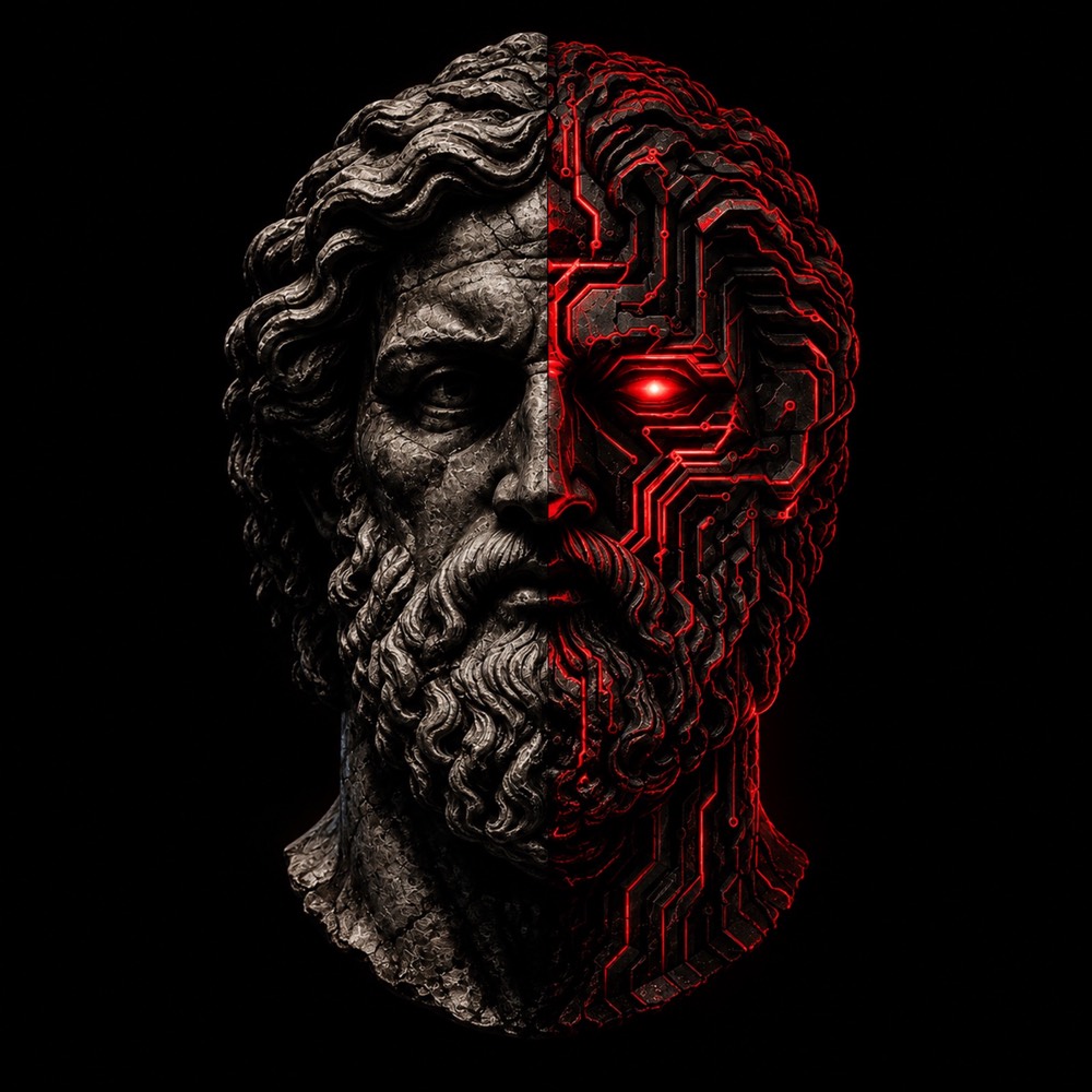 Lie With Dogs cover: a weathered stoic face split between stone and red-lit circuitry.