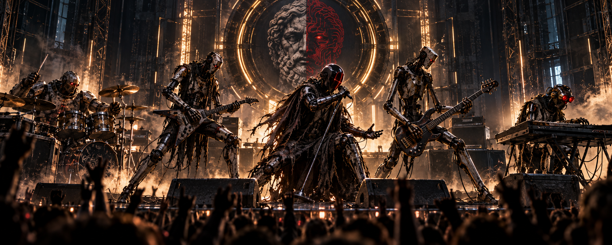 Amor Mori performing on stage before a crowd, framed by a monumental half-stone, half-machine face.